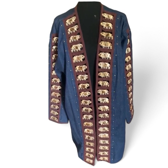 Vintage Denim Maxi Coat w/Wooden Elephant Bone Inserts Blue Jean Women’s Large - Picture 15 of 16